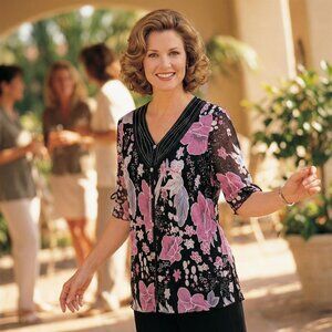 Vintage Appointments 1XL Black Pink Floral Chiffon Blouse Shoulder Pads Luxe 90s